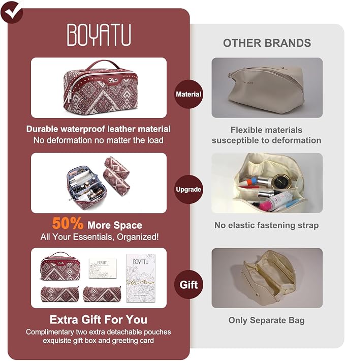 BOYATU Travel Makeup Bags for Women: Western Studded Boho Large Capacity Cosmetic Organizer - Wild, free, Punk Style - 3Pc Waterproof Toiletry Set with Blush Compartment - No Chaos & Easy Clean Red - Image 5