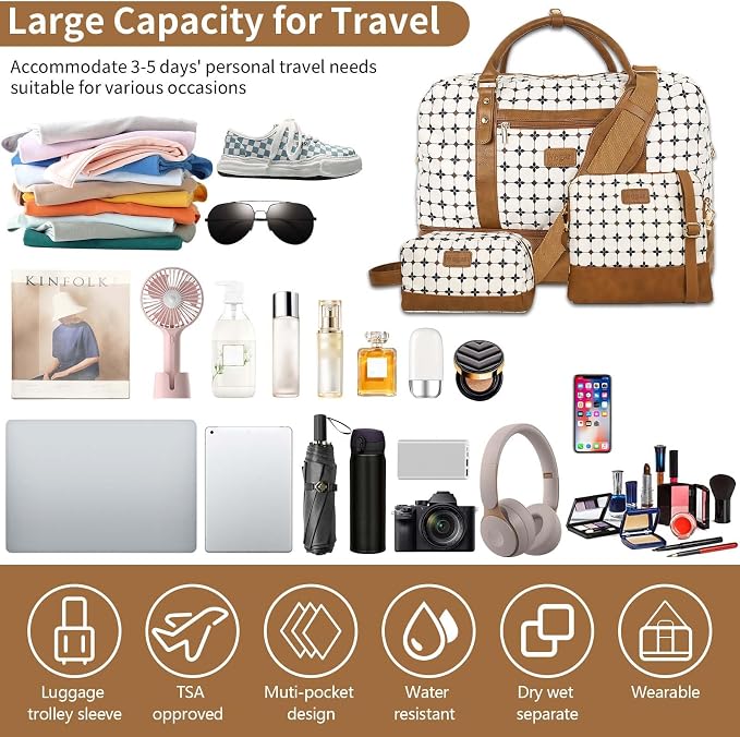 Wogarl 3PCS Weekender Bags for Women Large Overnight Bag Weekend Travel Duffel Bag Carry on Shoulder with Shoe Compartment Canvas Toiletry Bag for Travel Business Gym,Brown Argyle - Image 7