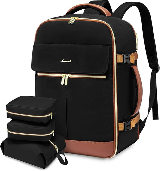 LOVEVOOK Carry On Backpack, 50L Travel Backpack Women with 3 Packing Cubes, TSA Airline Approved Suitcase Bag as Personal Item, Waterproof 18 inch Laptop Backpack for Weekender Overnight,Black-Brown by LOVEVOOK