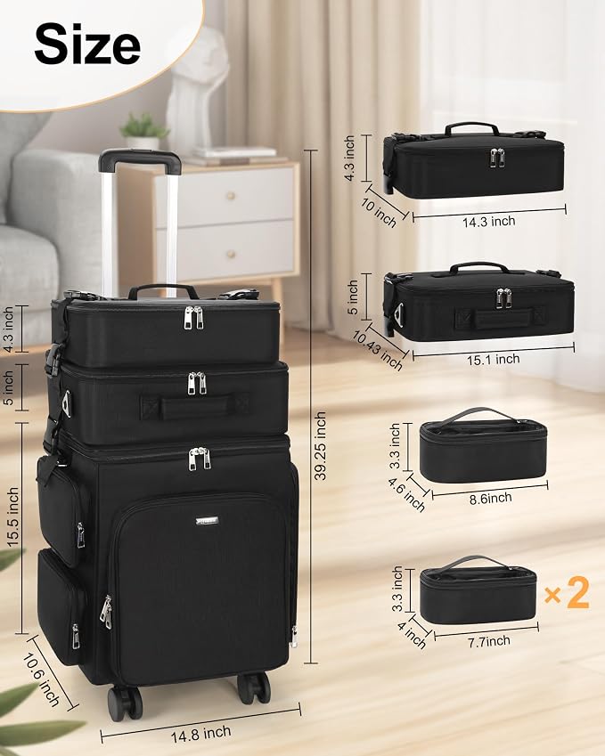 Relavel Rolling Makeup Case, 3 in 1 Hairstylist Traveling Bag Cosmetology Case on Wheels Large Hair Tools Cosmetics Train Case Makeup Artist Storage Organizer Trolley Suitcase with 360° Swivel Wheels - Image 6