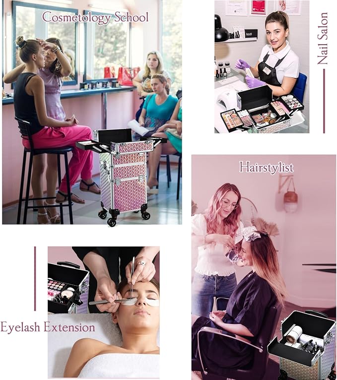 Rolling Makeup Train Case, 3-in-1 Makeup Trolley, Cosmetology Case on Wheels, Travel Makeup Organizer Case for Salon Barber Cosmetology Students, Nail Technicians, Hairstylists, and MUAs, Shiny Pink - Image 7