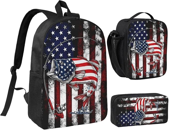 USA Fish Kid Backpack Set with Lunch Bag & Pencil Case Large Capacity School Bag 17 Inch Bookbag for Boy Girl by thmnj