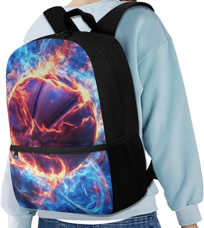 Fire Basketball Backpack for School Boys Backpack with Lunch Box Water Bottle Bag and Big Pencil Pouch 4PCS Set Soft Bookbag with Front Pocket 17 inch Sturdy Elementary School Bag for Kids - Image 2