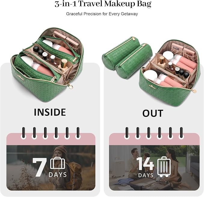 Travel Makeup Bag for Women: Designer 3 Pcs Set Cosmetic Bags for Women - Large Capacity Vagen Leather Hand-made for Toiletry Organizer - Ladies Travel Flat Open Essentials for Luxury (04Green) - Image 6