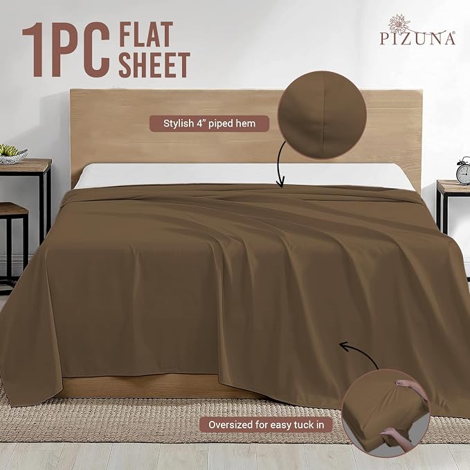 Pizuna Pure 100% Cotton Flat Sheets Only King Woody Brown (1 PC), Luxurious 400 Thread Count Long Staple Cotton Sateen with 4" Hem (Combed King Flat Sheet Only Cotton) - Image 3
