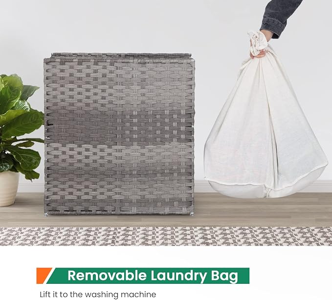 Paylesshere Laundry Basket Handwoven Laundry Hamper 90L/110L Foldable Rattan Laundry Hamper With Lid,2 Removable Liner Bags & 6 Bags,Clothes Bathroom Basket,Grey - Image 3