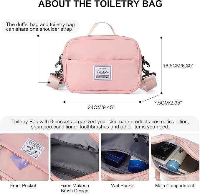 Travel Duffel Bags for Women,Weekender Overnight Bag with Wet Pocket & Toiletry Bag,Carry On Personal Item Bag,Travel Tote Gym Bag, Pink, Large - Image 4