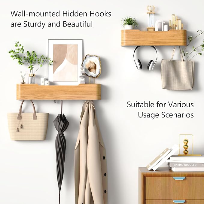Coat Rack Wall Mount with Hidden Hooks Modern Key Holder Wood Entryway Hook with Shelf for Bedroom Kitchen Hallway Bathroom Designed for Hanging Coats Hats Bags Towels Dog Leashe(Oak,4 Hooks) - Image 7
