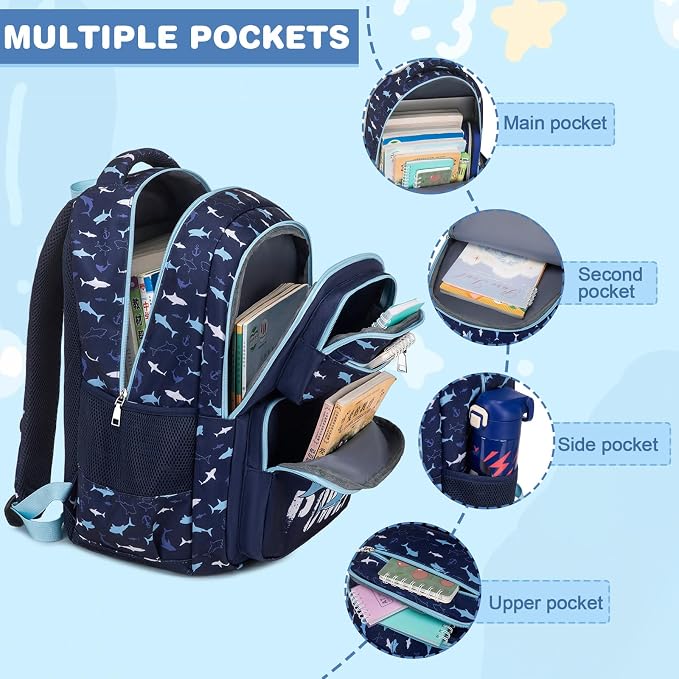 Bevalsa Kids Backpack for Boys with 14oz Insulated Bottle, School Bags for Kids & BPA-FREE Stainless Steel Metal Bottle with Straw Lid for Elementary Middle School Student (Shark) - Image 4