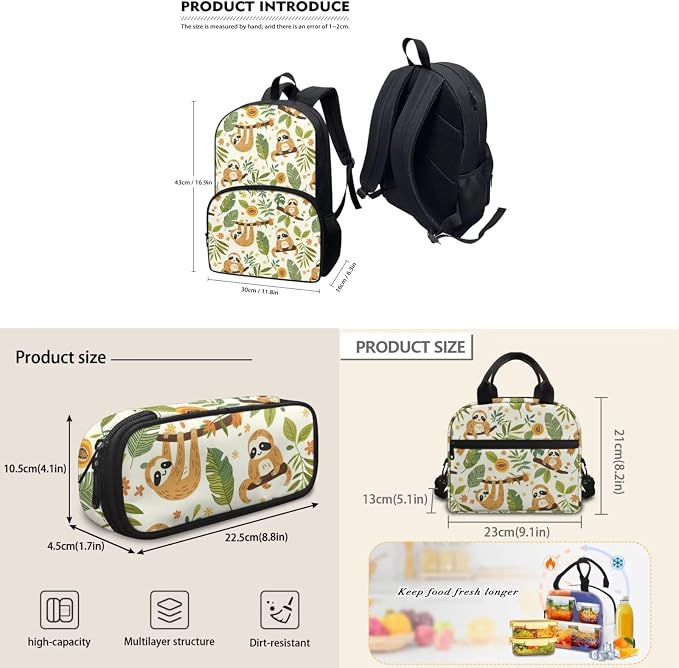 Sloth Backpack for Kids, Girl Cute Backpack School Bookbags with Insulated Lunch Box Pencil Case 3 in 1, Lightweight Backpack for Travel - Image 5