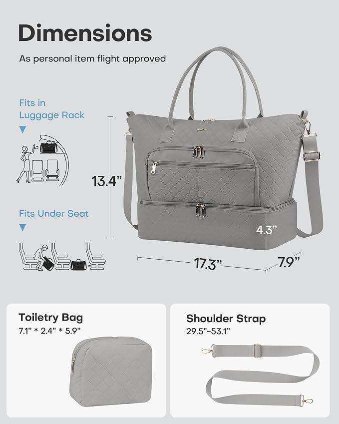 HOTOR Travel Duffle Bag for Women - Carry on Bag with Toiletry Pouch & Shoe Compartment, Large Overnight Weekender Bags for Gym, Business Trips, Sports and Hospital, Gray, 17.3" x 7.9" x 13.4" - Image 2