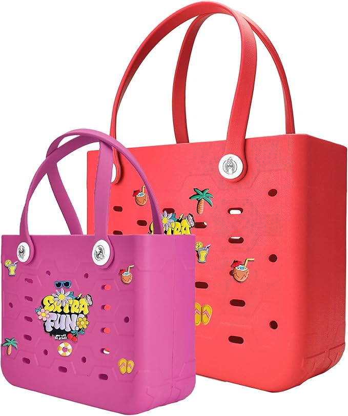 2-Pack Beach Bags Medium & Small,Waterproof Sandproof Rubber Tote Set for Women Men, Vacation Pool Boat Essentials by Unknown