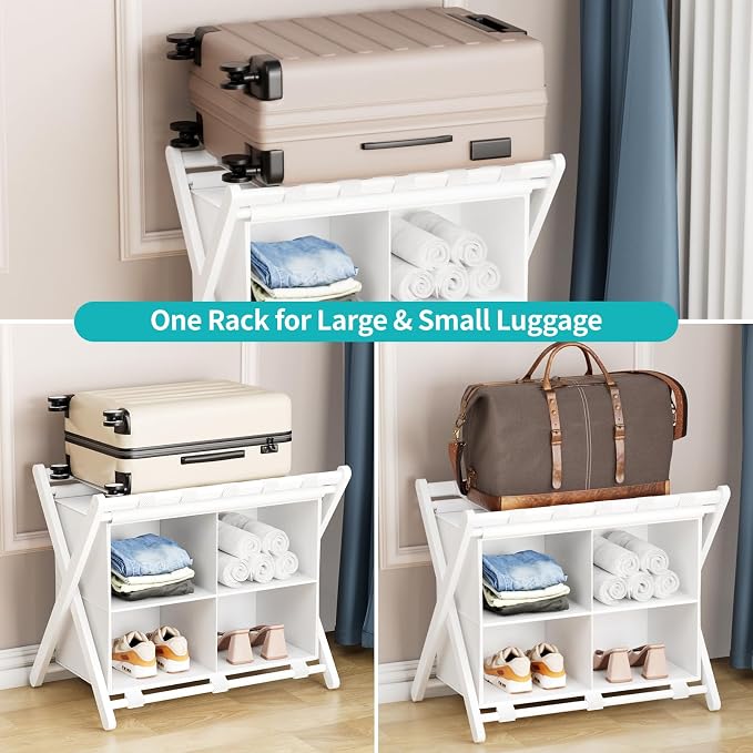 Folding Luggage Rack, 2-Pack White Bamboo Suitcase Stands with 4 Storage Compartments , Sturdy Luggage Holders for Guest Room, Bedroom, Hotel - Image 4