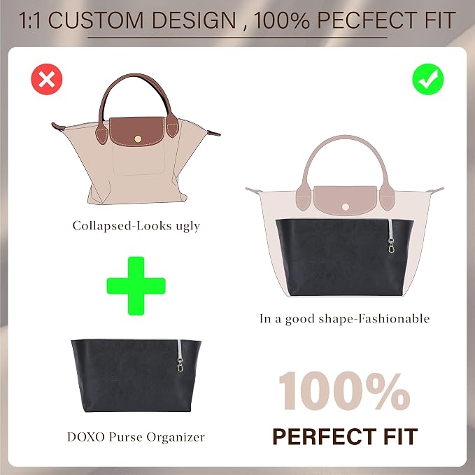 DOXO Purse Organizer Insert for Longchamp Le Pliage Medium, 6-Compartment Bag Organizer with YKK Zipper Pocket, Cup Holder, Key Chain, Waterproof DupontPaper Lightweight Handbag Shaper (Black Beige,M) - Image 3