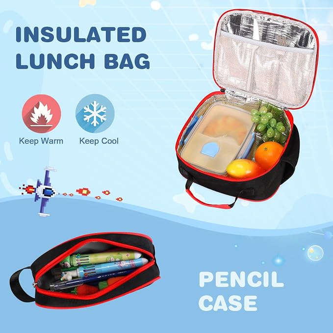 Bevalsa Kids Backpack for Boys with Bento Lunch Box, Insulated Bag & Utensils, 43oz Lunch Containers with 6 Compartment, Gamer Backpack School Bags for Elementary Middle School Student (Red Blue) - Image 7