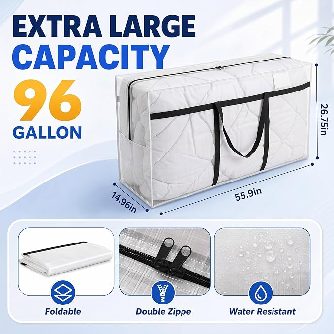 Windyun 4 Pack 98 Gallon Extra Large Moving Bags XXL Heavy Duty Storage Bag with Strong Zipper Handle Jumbo Big Tote Box Foldable for College Dorm Travel Clothes Duffle Blanket Pillow(Transparent) - Image 3
