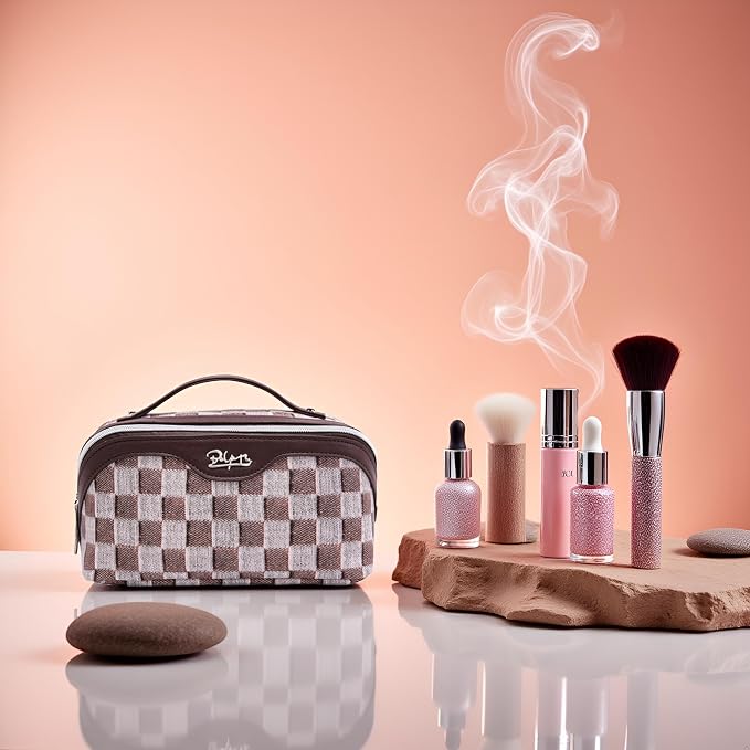 BOYATU Travel Makeup Bag for Women: Large Cosmetic Bag Set of 3 - PU Leather Make up Bag with Compartments - Compact Waterproof Toiletry Bag with Divider & Handle (D-3-Brown) - Image 7