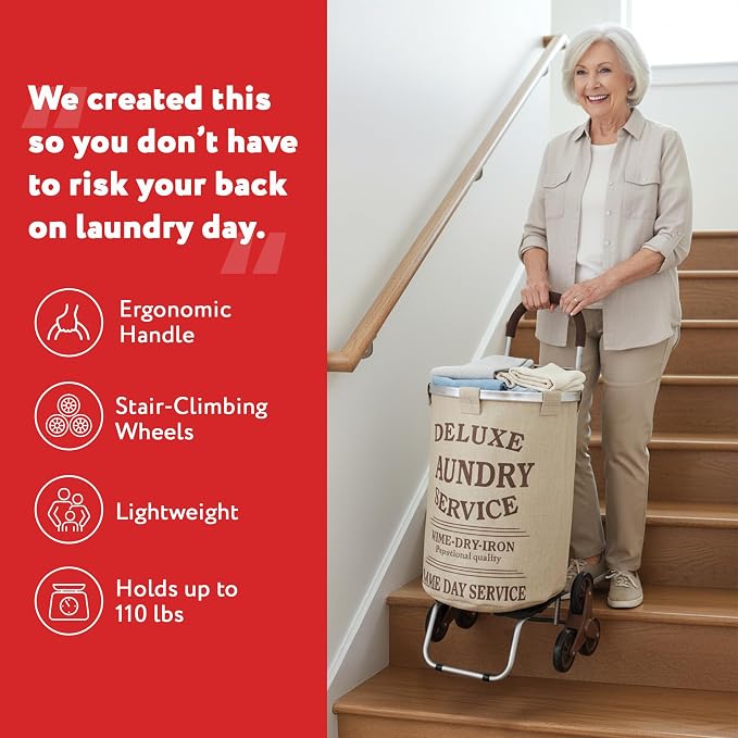 dbest products Stair Climber Laundry Trolley Dolly, Beige Laundry Bag Hamper Basket cart with wheels sorter - Image 5