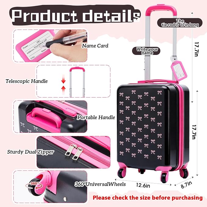Redbaker 6 Pcs Kids Luggage Set, 17 Inch Rolling Suitcase with Backpack Lunch Bag Neck Pillow, Pink and Black Bow Travel Set for Summer Vacation Sleepover Back to School Gift - Image 2