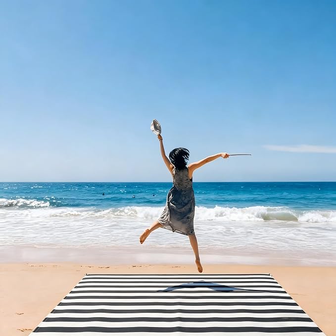 ADecor Waterproof Beach Blanket, Black & White Stripe Sand Free Beach Mat, Large 78''×86'' Foldable Compact Beach Blanket for 1-4 Adults with Stakes, Beach Vacation Essential Accessory Must Haves - Image 3