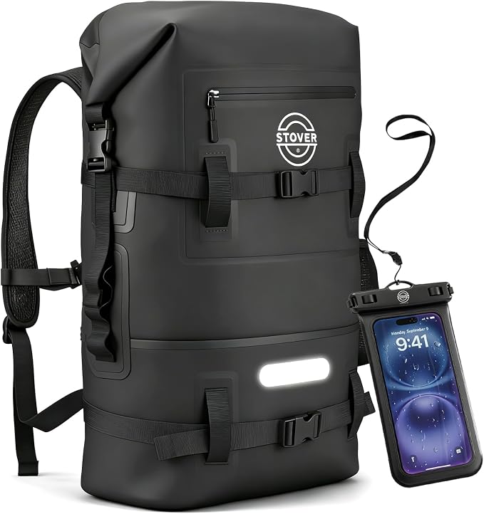 STOVER 30/40/55L Waterproof Dry Backpack & Phone Case- X-Large Floating Dry Bag for Kayaking, Travel, Hiking, Fishing, Camping, Motorcycles & Beach, Heavy-Duty Roll Top Men/Women (Black) by STOVER