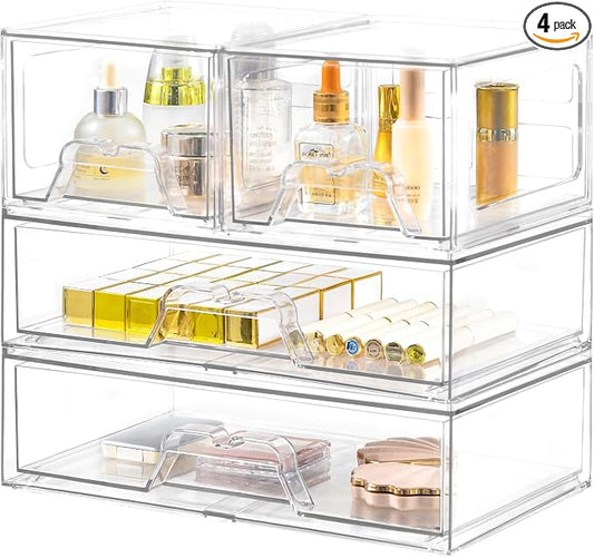 Stebopum 4 Pack Stackable Storage Drawers Clear Acrylic Organizer Bathroom Makeup Organizer and Storage for Beauty Supplies,Ideal for Vanity, Bathroom,Cabinet,Pantry Organization by Stebopum