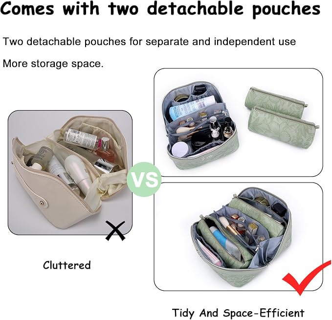 BOYATU Travel Makeup Bags Cosmetic Organizer Bag: 3-Set Large Capacity Make up Bag - PU Leather Toiletry Bags for Women - Wide Open Portable Pouch with Divider & Handle (02-Light Green) - Image 2