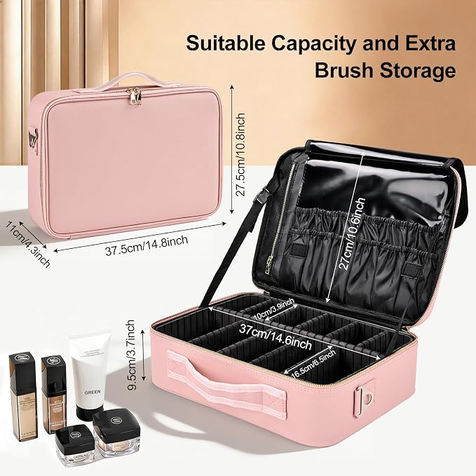 Travel Makeup Bag with Brush Holder, Professional Cosmetic Train Case Organizer, Portable Travel Makeup Brush Carry Case Artist Storage Box with Adjustable Dividers and Shoulder Strap, Leather Pink - Image 2
