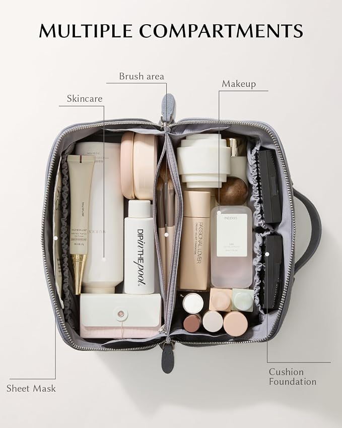 EACHY Leather Makeup Bag, Portable 180° Wide-Open Flat Cosmetic Bag for Women, Large Capacity Make Up Organizer Makeup Pouch with Divider and Handle - Image 2