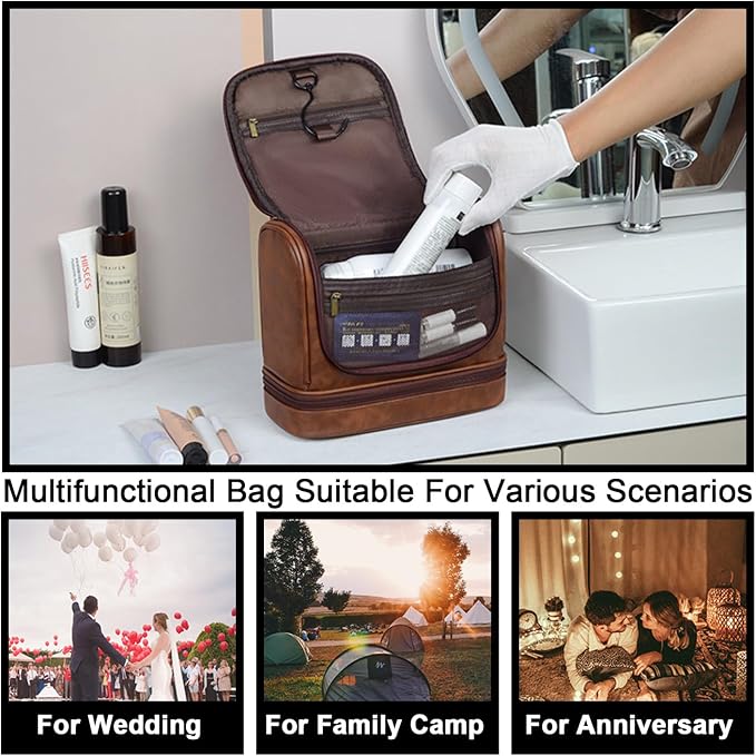 Personalized Leather Toiletry Bag, Brown, Three Layer Structure, Waterproof, Customizable Name Engraving, Travel Organizer for Men, Multi-Occasion Gift (UK1006) - Image 5