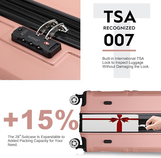 Kono 4 Piece Luggage Sets Expandable(only 28") with Spinner Wheels TSA Lock | Lightweight PC+ABS Hardside Travel Rolling Suitcases 20in 24in 28in Carry on and 12in Mini Cosmetic Case Nude Pink - Image 3