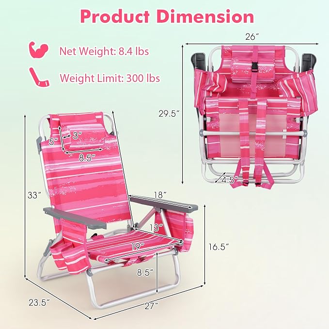 Giantex Folding Beach Chair, Patio Sling Chairs with 5 Adjustable Position, Head Pillow, Storage Bag, Towel Bar, Cup Holders, Backpack Chairs for Sunbathing, Camping Chair - Image 3