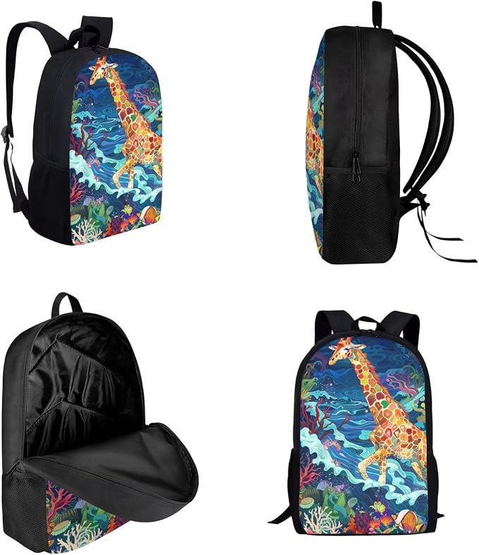 17 Inch Animal Print School Backpack And Lunch Box Set for Kids Lightweight Sea Grass Giraffe Backpack for Boys Girls Sturdy School Bag with Insulated Lunchbox Pencil Case Student Bookbag - Image 3
