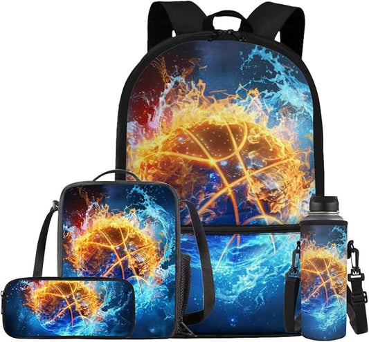 Galaxy Basketball Backpack for Boys Girls Backpack with Lunch Box Water Bottle Carrier and Pencil Pouch 4PCS Set Bookbag with Front Pocket for School 17 inch Large Capacity School Bag for Kids by ELEDIZI