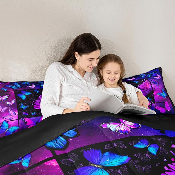 Erosebridal Butterfly Comforter Set Starry Sky Galaxy Comforter Blue Purple Butterfly Bedding Sets King for Kids Girls Teens Women Bed,Aesthetics Butterflies Quilt Duvet Set 2 Pillow Cases Room Decor - Image 4