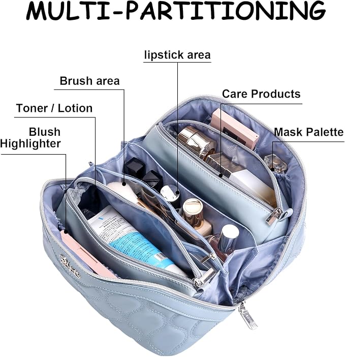 BOYATU Travel Makeup Bags for Women Cosmetic Bag: Puffy Make up Bags Set of 3 - Vegan Leather Makeup Organizer - Waterproof Large Toiletry Bag with Compartments - Travel Essentials (H-4-Blue) - Image 3