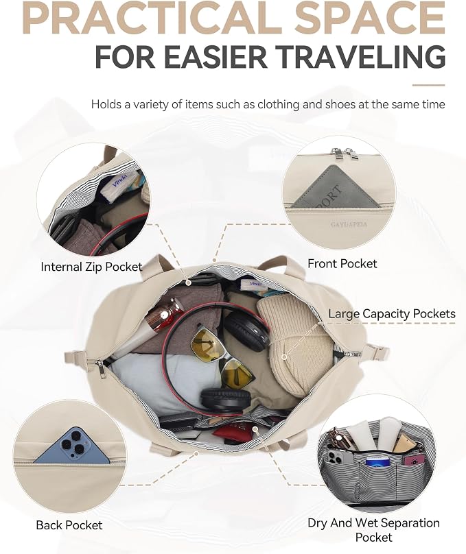 Oeihuivt Weekender Bags for Women - 21 Inch Large Travel Duffel Bag Set with Shoe Compartment, Heavy-Duty nylon Carry On Overnight Tote Beige - Image 5