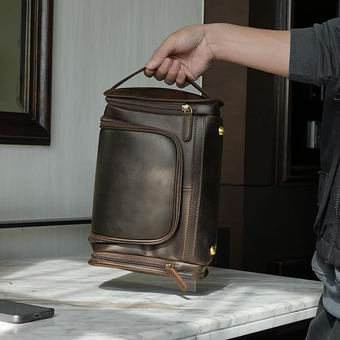 Polare Full Grain Leather Toiletry Bag Travel Dopp Kit Makeup Cosmetic Organizer Shaving Kit Wash Case with Hanging Hook - Image 5
