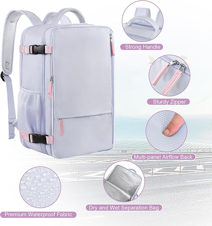 Sinaliy Carry on Backpack, Waterproof 17 Inch Laptop Backpack for Women, Flight Approved Backpack for Travel, College, Work | Waterproof Large Expandable College Bookbag, as Person Item Flight Approved with Anti Theft Pocket and Wet Pocket, Purple - Image 5