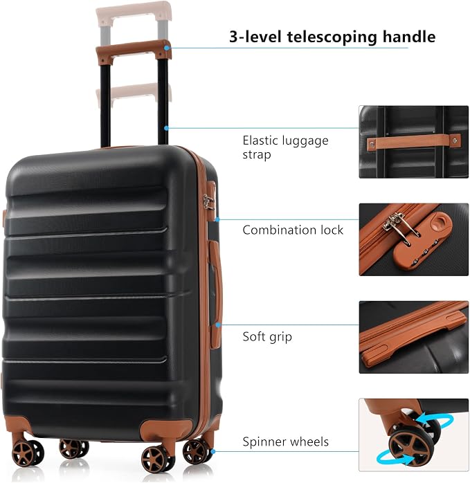 Black Brown 6 Piece Luggage Set Hard Shell - Expandable Suitcases with Spinner Wheels and Small Cases for Family Travel, Durable Carry On Luggage Sets with Lock for Women and Men - Image 3