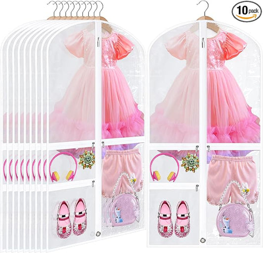 Windyun 10 Pack Garment Bags for Dance Costumes Kids 40 Inch Clothing Bags Hanging Clothes with 3 Clear Zipper Pocket Waterproof Garment Cover for Dance Competition, Travel, Closet Storage(White) by Windyun