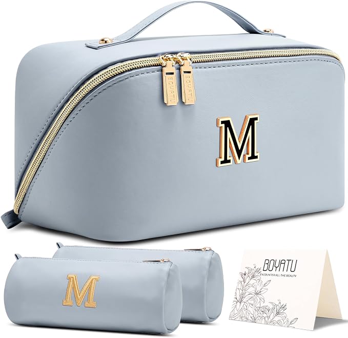 BOYATU Makeup Bag Gift for Women: 3-in-1 Travel Personalized Cosmetic Bag | Initial Make up Bag - Monogram A-Z - Vegan Leather Flat Open Toiletry Organizer - Ideal Gift Set for Birthday Graduation by BOYATU