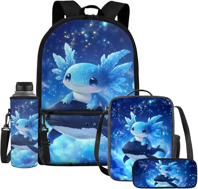 Killer Whale Axolotl Backpack with Lunchbox Blue School Bag 17 Inch Primary Students School Backpack and Pencil Case and Water Bottle Holder 4-in-1 Travel Camping Hiking Rucksack by Dremagia