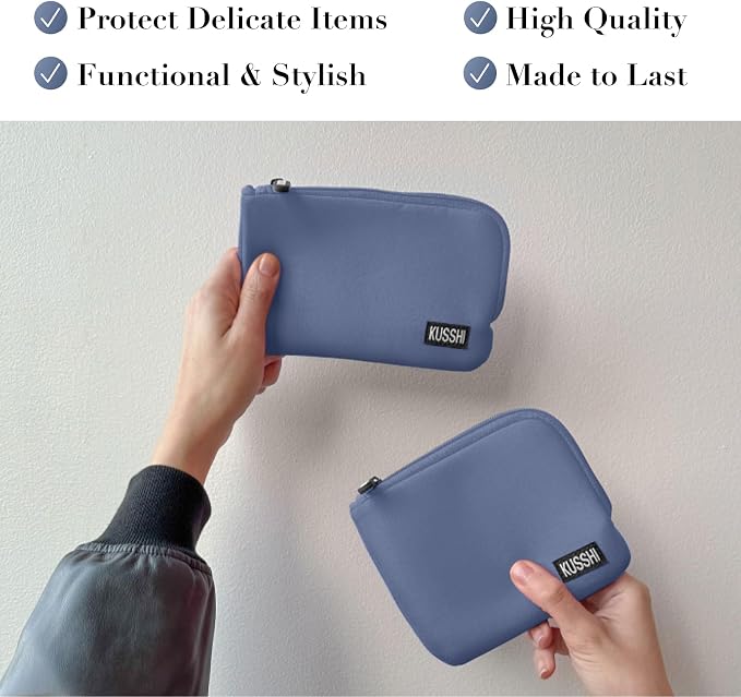 KUSSHI 2pc Neoprene On-The-Go Pouch Set - Passport Holder and Travel Zipper Makeup Pouch for Purse Organization, Electronics, Glasses & Valuables (Pearl Blue) - Image 4