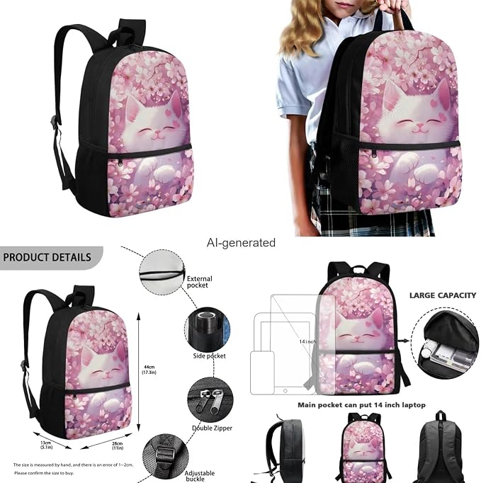 Cherry Blossom Cat Backpack for School Girls Backpack with Lunch Box Water Bottle Carrier and Large Pencil Case 4PCS Set Lightweight Bookbag with Front Pocket 17" Sturdy School Bag for Kids - Image 3