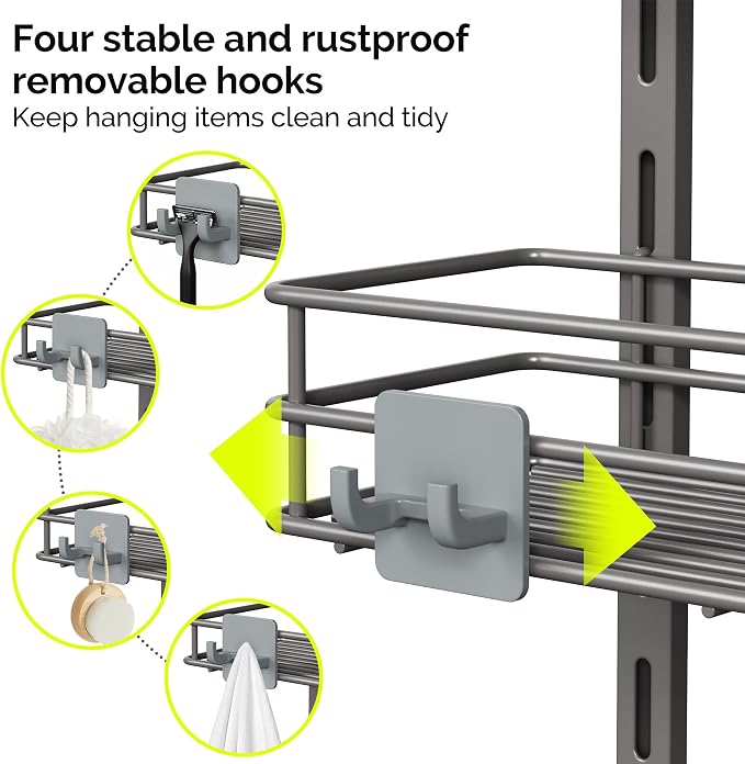 Orimade Over The Door Shower Caddy Adjustable 5 Tier Dark Grey,Bathroom Hanging Organizer Shelf Rustproof with 4 Hooks,Shower Basket with Soap Holder and Suction Cup - Image 7