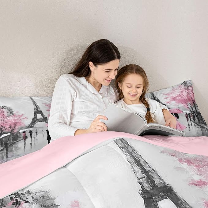 Paris Comforter Set French Eiffel Tower Bedding Sets King For Girls Kids Women Paris Themed Bedroom Decor Watercolor Cherry Blossoms Couple Comforter Retro Valentine Quilt Duvet Pink Grey 3 Pcs - Image 5