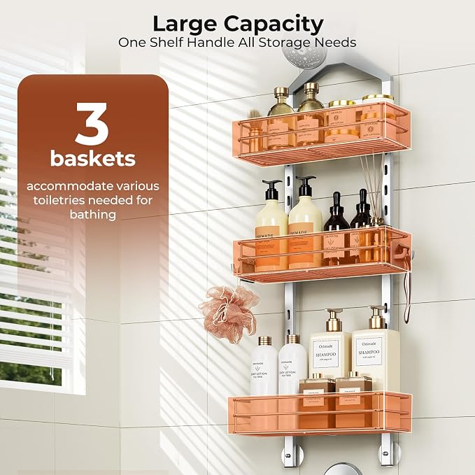 Orimade Aluminum Hanging Shower Caddy Over Head, Adjustable Anti-Slip Bathroom Shelves with Hooks, Rustproof Shower Organizer Storage Rack, Silver 3 Tier - Image 7