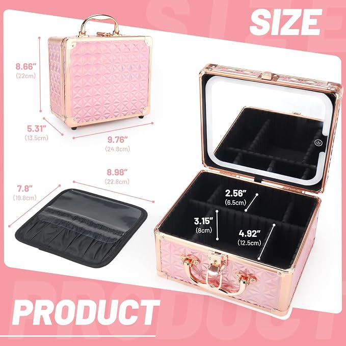 Makeup Case with LED Mirror, Portable Lockable Vanity Case, Travel Makeup Train Box for Women, Cosmetic Organizer, Detachable 3-Color Lighted Mirror, Adjustable Dividers, Brush Holder - Image 2
