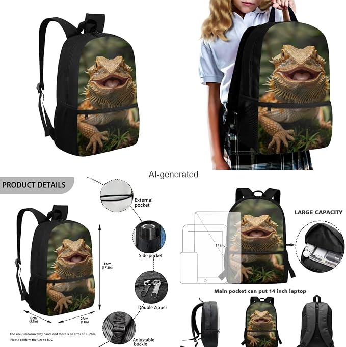Dragon Lizard Backpack for Kids Boys Backpack with Lunch Box Water Bottle Carrier and Soft Pencil Case 4PCS Set Bookbag with Front Pocket 17 inch Lightweight School Bag Kids School Essentials - Image 3